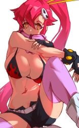 1girls big_breasts bikini_top busty fingerless_gloves light-skinned_female light_skin ponytail red_hair scarf short_shorts shorts sitting tengen_toppa_gurren_lagann thighhighs ura_dora yoko_littner