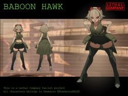 baboon_hawk_(lethal_company) black_skirt boots breasts clothes_around_waist detached_sleeves female green_footwear grey_hair hair_between_eyes hands_on_own_hips high_heels humanization jacket jacket_around_waist leaning_forward lethal_company long_sleeves looking_at_viewer medium_breasts red_eyes sharp_teeth sidelocks skirt standing theamazingspino thighs upper_teeth_only
