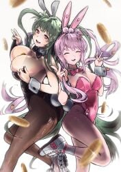 2girls alice_(nikke) alice_(wonderland_bunny)_(nikke) blush breasts bunny_ears bunnysuit cleavage closed_eyes female_only goddess_of_victory:_nikke green_hair large_breasts long_hair purple_eyes soda_(nikke) soda_(twinkling_bunny)_(nikke) torn_clothes twintails white_background white_hair