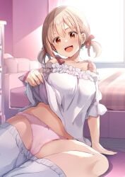 :d arm_support bed blonde_hair blurry blurry_background clothes_lift hair_ribbon highres indoors lifting_own_clothes low_twintails lycoris_recoil navel nishikigi_chisato off-shoulder_shirt off_shoulder open_mouth panties pink_panties reclining red_eyes red_ribbon ribbon shirt short_hair short_twintails sitting sleepwear smile tsumiki_mc twintails underwear