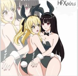 bare_legs black_hair bunnysuit cosplay hair hfxpins jabami_yumeko kakegurui saotome_meari yellow yuri