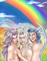 3boys artist_request blue_hair fabulous final_fantasy final_fantasy_ix final_fantasy_vii final_fantasy_x genome grey_hair homosexual kuja_(final_fantasy) long_hair_male male male_only multiple_boys purple_hair rainbow sephiroth seymour_guado smooth_skin video_games yaoi