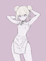 1boy 1femboy androgynous angry_expression angry_face annoyed annoyed_expression armpits blonde_hair bob_cut china_dress chinese_clothes crossdressing femboy feminine_faced_male feminine_male greyscale lio_fotia looking_at_viewer miniskirt petite petite_body petite_male promare questionable short_hair short_male short_skirt slim slim_male slim_waist solo suggestive thin_waist tight_clothing twink wide_hips