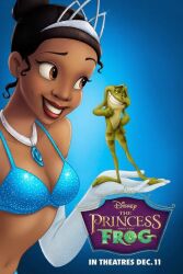 ai_assisted ai_edit black_hair bra dark-skinned_female disney frog movie_poster necklace official_style on_model prince_naveen princess_tiana red_lipstick sleeve_gloves smile sparkles text the_princess_and_the_frog tiara