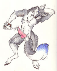 1boy anthro canine chest_tuft cum dogsoul ear_tuft fur furry grey looking_at_viewer male male_only penis solo wet wolf