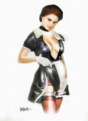 1girls 2015 american_horror_story_(anthology_series) big_breasts breasts cleavage female garter_straps large_breasts maid maid_uniform moira_o'hara red_hair sideboob solo traditional_media_(artwork) woodywelch