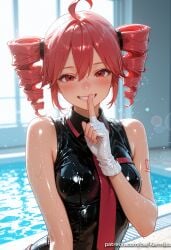 1girl ahoge ai_generated arm_tattoo backlighting bare_arms bare_shoulders black_shirt blurry blurry_background blush breasts collared_shirt drill_hair finger_to_mouth fingerless_gloves gloves grin hair_between_eyes hand_up index_finger_raised indoors kasane_teto kermixx lens_flare looking_at_viewer medium_breasts necktie pool poolside red_eyes red_hair red_necktie shiny_clothes shirt shoulder_tattoo shushing sleeveless sleeveless_shirt smile solo tattoo twin_drills twintails upper_body vocaloid water wet wet_clothes wet_hair wet_swimsuit white_gloves window