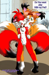 anal anal_sex balls canine chest_tuft closed_eyes collar color english_text erection fox from_behind fur furry furry_ears furry_tail gay green_eyes hair jamesfoxbr jamesfoxbr_(character) jonhs-kitsune_(character) kitsune looking_at_viewer male multiple_tails nude open_mouth orange penetration penis raised_tail sex simple_background standing tail text