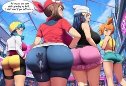 1boy 4girls ai_generated ass ass_hanging_out ass_hanging_out_of_shorts assjob bike_shorts booty_shorts bouncing_ass buttjob covered_buttjob cum cum_drip cum_on_ass cum_puddle cum_string cum_under_clothes cum_while_forced dawn_(pokemon) english_text excessive_cum female femdom giantess haruka_(pokemon) huge_ass humiliation kris_(pokemon) larger_female male may_(pokemon) misty_(pokemon) nintendo pokemon punished short_shorts shorts size_difference smaller_male take_your_pick trapped_in_clothing under_another's_clothes