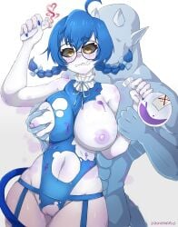 1boy 1girl 1girls absurdres ahoge big_breasts blue_hair blue_leotard blush bow braid braided_twintails breasts choker clothes-dissolving_potion colored_nipples colored_sclera colored_skin commentary curvy demon_boy demon_girl dissolving_clothes english_commentary female frilled_choker frills glasses grabbing_another's_breast grey_sclera grey_skin groping hair_between_eyes hair_bow highres hips large_breasts leotard looking_down nipples pointy_ears potion purple_nipples pussy round_eyewear sharp_teeth socks_agency sweat teeth thick thick_thighs thighs tiefling tits torn_clothes torn_leotard virtual_youtuber vtuber white_background wide_hips yellow_eyes yomi_quinnley