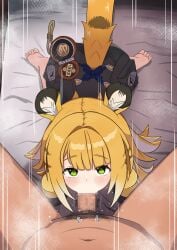 1boy 1girl absurdres all_fours animal_ear_fluff animal_ears barefoot blonde_hair blush bow censored clothed_female_nude_male colored_inner_hair commentary_request feet fellatio green_eyes hetero highres ju_fufu licking licking_penis long_hair looking_at_viewer mosaic_censoring multicolored_hair navel ng1sh8 nude on_bed oral penis pubic_hair soles solo_focus striped_fur striped_hair tail tail_bow tail_ornament textless_version tiger_ears tiger_girl tiger_stripes tiger_tail toes white_hair zenless_zone_zero