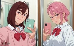 :q after_fellatio ai_generated ayase_momo blush cum cum_on_face dandadan earrings facial head_tilt holding_phone mirror mirror_selfie momo_ayase selfie shiratori_aira_(dandadan)