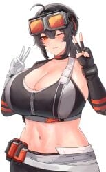 1girls absurd_res big_breasts goggles grace_howard hair_between_eyes nanasuru4 orange_eyes peace_sign short_hair solo solo_female solo_focus zenless_zone_zero
