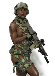 1girls big_breasts breasts dark-skinned_female dark_skin dixonlyrax female gun nipple_piercing nipples original rifle soldier solo