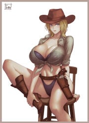 1girl belt big_breasts bikini black_bikini blonde_hair blue_eyes boots breasts chair cleavage collarbone commentary_request cowboy_boots cowboy_hat cowgirl dead_or_alive dead_or_alive_6 gun handgun hat highres holster holstered large_breasts lips long_hair looking_at_viewer navel on_chair revolver shirt short_hair simple_background smile solo stomach swimsuit tied_shirt tina_armstrong tomo_eokaiteru underwear weapon