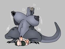 analog_horror big_breasts cowgirl_position dinosaur dinosaur_girl enjoying grabbing_own_breasts grey_body human_on_anthro larger_female scalie sharp_teeth tail tongue_out vaginal_penetration vaginal_sex workshaper