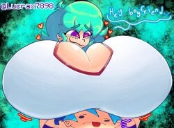 1boy 1girl 1girl1boy blue_hair blush_lines boob_hat boyfriend_(friday_night_funkin) breast_focus breasts_bigger_than_head breasts_on_head cyan_hair friday_night_funkin friday_night_funkin_mod hearts_around_head huge_breasts hyper hyper_breasts lucrax7898 skyblue skyblue_(friday_night_funkin) skyverse smile smiling_at_another thick