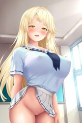 1girls 3:4 3:4_aspect_ratio alternate_breast_size alternate_breast_size_(larger) arm_behind_back arm_on_thigh artist_request bang_dream! bang_dream!_girls_band_party! blonde_hair blue_ribbon blush breasts ceiling chalkboard classroom cleft_of_venus clothed clothing covered_nipples cowboy_shot day daylight daytime diagonal_bangs ears eyebrows_visible_through_hair female female_focus female_only half-closed_eyes hanasakigawa_school_uniform hand_behind_back indoors large_breasts light_blue_shirt long_hair looking_at_viewer miniskirt neck_ribbon nipples nipples_visible_through_clothing no_bra no_panties open_mouth pillar pleated_skirt portrait pussy sailor_collar school school_uniform schoolgirl serafuku shirt short_sleeves skirt skirt_lift smile solo solo_female standing straight_hair swept_bangs thighs tongue tsurumaki_kokoro wall white_skirt window yellow_eyes