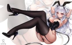 1girl 1girls absurdres animal_ears armpits arms_behind_head ass bare_hips black_bow black_leotard black_thighhighs blunt_bangs bow breasts cleavage collar crossed_legs curvy demon_girl demon_horns demon_tail detached_collar fake_animal_ears female garter_straps grey_hair high_heels highres hip_focus hips horns indie_virtual_youtuber large_breasts legs leotard long_hair looking_at_viewer lucy_pyre playboy_bunny pointy_ears rabbit_ears red_eyes sainty solo tail thick thick_thighs thigh_focus thighhighs thighs tits virtual_youtuber vtuber white_collar