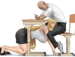 1boy 1girl absurdres black_skirt blonde_hair breasts chair commentary_request curvy cynthia_(pokemon) desk faceless faceless_male fellatio hetero highres huge_breasts long_hair oral pencil_skirt pokemon pokemon_diamond/pearl/platinum shirt skirt very_long_hair wasabishouyu white_background white_shirt