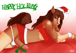 anthro blue_eyes blush brown christmas cream crossdressing equine femboy furry furry_only gay happy_holidays hat holidays holly horse looking_at_viewer male male_only mane matoc panties penis santa_hat skirt tan trap underwear wristband