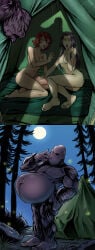 1male 2girls ass big_ass black_hair breasts camp camping_tent cannibalism comic completely_nude_female death detailed_background eaten_alive gynophagia hi_res hopeless imminent_digestion lesbian long_hair looking_at_another looking_at_viewer meatgirl medium_breasts medium_hair monster moon nature_background navel nipples open_mouth peril predator/prey redhead scared scared_expression voraciousmoga vore wood yeti