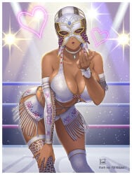 1girl big_breasts bikini bikini_top_only blowing_kiss bow breasts butterfly_mask choker cleavage closed_eyes collarbone commentary_request dark-skinned_female dark_skin dead_or_alive dress hand_on_own_knee highres la_mariposa large_breasts leaning_forward lisa_hamilton luchador_mask luchadora mask navel solo stomach swimsuit thighhighs tomo_eokaiteru white_bikini white_dress white_thighhighs wrestling_outfit wrestling_ring
