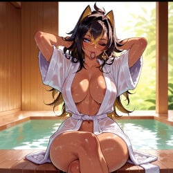 1girl 1girls adjusting_hair ai_generated animal_ears areola_slip arms_behind_head arms_up balecxi bathing bathrobe black_hair blonde_hair blue_eyes blush breasts cleavage closed_mouth clothing collarbone colored_tips crossed_bangs crossed_legs curvaceous curvaceous_female curvaceous_figure curvy curvy_figure dangle_earrings dark-skinned_female dark_skin dehya_(genshin_impact) dripping earrings feet_out_of_frame female female_focus genshin_impact hair_between_eyes hair_ears hair_intakes hair_tie hair_tie_in_mouth hoyoverse inviting inviting_to_sex japanese_clothes jewelry large_breasts lips long_hair looking_at_viewer makeup mihoyo mouth_hold multicolored_hair naked_kimono navel nipple_slip one_eye_closed onsen open_robe presenting presenting_ass presenting_breasts presenting_hindquarters presenting_pussy presenting_self robe seductive seductive_look seductive_smile see-through short_sleeves single_earring sitting smile solo steam stomach streaked_hair thick_thighs thighs two-tone_hair tying_hair voluptuous voluptuous_female water wet wet_clothes wet_hair white_robe wide_sleeves wooden_floor yellow_pupils