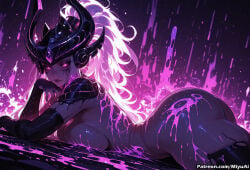 1girl ai_assisted ai_generated ass breasts cleavage curvaceous curvy curvy_female curvy_figure female horns large_breasts league_of_legends long_hair looking_at_viewer lying miyuai on_stomach purple_eyes purple_skin purple_theme smile solo syndra thick thick_ass thick_butt thick_hips thick_legs thick_thighs voluptuous voluptuous_female white_hair wide_hips wide_thighs