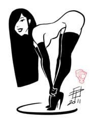 2011 arm_gloves armwear bending_over black_hair callmepo female female_only femlin hair_over_one_eye high_heel_boots high_heels long_hair looking_at_viewer monochrome nipples playboy smile smiling smiling_at_viewer solo solo_female thigh_highs