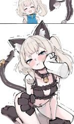 1girl 1girls 1other absurdres anal anal_beads anal_tail animal_hands bell black_bra black_collar blonde_hair blue_dress blue_eyes blush bra breasts butt_plug buttplug cat_cutout cat_lingerie cleavage_cutout clothing_cutout collar commentary dress embarrassed english_commentary fake_tail female froq froq_art gloves highres looking_at_viewer marimari_en navel neck_bell open_mouth paw_gloves phase_connect sex_toy short_eyebrows side_ponytail small_breasts tail thighs underwear virtual_youtuber vtuber