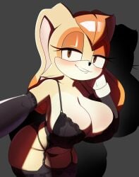 1girls animal_ears anthro armwear big_breasts black_bra black_garter_belt black_garter_straps black_gloves black_panties black_thighhighs bottomwear bra breasts brown_eyes bunny_ears bunny_girl cleavage eyeshadow female female_only garter_belt garter_straps gloves god1annie half-closed_eyes hips huge_breasts lace lace-trimmed_bra lace-trimmed_thighhighs lace_trim lagomorph legwear lingerie mature mature_female mature_woman milf mother panties sega smile solo solo_female sonic_(series) sonic_the_hedgehog_(series) thick_thighs thighhighs thighs topwear vanilla_the_rabbit wide_hips