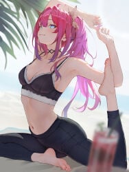 1girl armpit arms_behind_head beach blue_eyes bra feet female hololive hololive_japan kikirara_vivi medium_breasts navel pink_hair solo stretching tummy virtual_youtuber vtuber yoga yoga_pants