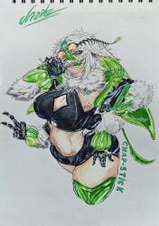 1girl 1girls abdomen_tail antennae arthropod_girl black_sclera black_shirt black_shorts breasts candy cellphone cleavage cleavage_cutout clothing_cutout colored_sclera colored_skin colored_tongue commentary crop_top curvy english_commentary extra_arms female food glasses green_eyes green_hair green_tongue green_wings hair_between_eyes hand_on_own_hip highres hips holding holding_candy holding_food holding_lollipop indie_virtual_youtuber insect_girl insect_wings juniper_actias large_breasts lollipop looking_at_viewer medium_hair midriff monster_girl moth_antennae moth_girl moth_wings multicolored_hair open_mouth phone round_eyewear sharp_teeth shirt shorts smartphone solo teeth thick thick_thighs thighs tits traditional_media v virtual_youtuber vtuber white_hair wide_hips wings