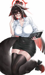 animal_ears big_breasts blue_archive blush fox_ears fox_girl glasses halo huge_breasts shangdi_de_fa_zhang solo tail thick_thighs thighhighs wakamo_(blue_archive)