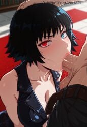 1boy 1girl :>= ai_generated belt black_hair blue_eyes blush breasts cleavage collarbone devil_may_cry devil_may_cry_(series) devil_may_cry_5 fellatio hand_on_another's_head hetero heterochromia lady_(devil_may_cry) lips looking_at_viewer oral penis red_eyes saliva scar scar_on_face short_hair solo_focus sweat uncensored vortalis