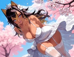 1girl 1girls :d ai_generated alternate_costume animal_ears arms_behind_back balecxi bangs bare_shoulders bent_over black_hair blonde_hair blue_eyes blue_sky blurry_background blush breasts bridal_veil bride brown_hair cherry_blossom cherry_blossoms cleavage clothing collarbone colored_tips crossed_bangs curvaceous curvaceous_female curvaceous_figure curvy curvy_figure dangle_earrings dark-skinned_female dark_skin day dehya_(genshin_impact) dress dutch_angle earrings falling_petals fangs female female_focus flower garter_belt garter_straps genshin_impact hair_between_eyes hair_ears hair_flower hair_intakes hair_ornament hoyoverse inviting inviting_to_sex jewelry large_breasts leaning_forward legwear lingerie long_hair looking_at_viewer mihoyo multicolored_hair open_mouth outdoors petals presenting presenting_ass presenting_breasts presenting_hindquarters presenting_self seductive seductive_look seductive_smile see-through single_earring skindentation sky sleeveless sleeveless_dress smile solo spaghetti_strap streaked_hair teeth thick_thighs thighhighs thighs tiara tree two-tone_hair veil voluptuous voluptuous_female wedding_dress white_dress white_flower white_legwear white_thighhighs wind