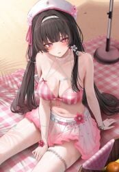 1girls beach black_hair chisa_(wuthering_waves) female long_hair medium_breasts official_alternate_costume pink_swimsuit red_eyes ru_zhai ruzhai see-through_clothing see-through_swimsuit swimsuit wet wet_body wuthering_waves