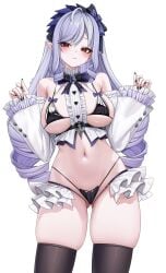 1girls abpart ass_visible_through_thighs blush breasts drill_hair elf elf_female elf_girl female_focus female_only highleg highleg_panties large_breasts long_hair looking_at_viewer mole mole_under_eye painted_fingernails painted_nails panties pointy_ears purple_hair red_eyes revealing_clothes simple_background solo solo_female thighhighs vivian_banshee white_background zenless_zone_zero