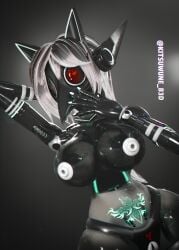 animal_ears black_hair black_skin busty busty_female curvy female female_only filled_to_the_brim filled_with_cum filled_womb full_of_cum glowing_markings kitsuwune_b3d large_breasts large_nipples latex latex_skin mask masked_female plague_doctor_mask red_lens robot robot_girl sexbot vagina velvet-01_(kitsuwuneb3d) white_hair white_nipples