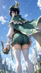 ai_generated big_ass big_butt femboy genshin_impact green_eyes looking_at_viewer low_angle_view male multicolored_hair venti_(genshin_impact)