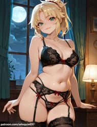 1girl ai_generated alternate_breast_size arlequin097 bare_arms bare_shoulders black_bra black_garter_belt black_panties black_thighhighs blonde_hair blush bow bow_bra bow_panties bra braid breasts cleavage closed_mouth cloud collarbone cowboy_shot curtains fate/grand_order fate_(series) french_braid full_moon garter_belt green_eyes groin hair_ornament hair_scrunchie highleg highleg_panties indoors lace-trimmed_bra lace-trimmed_legwear lace_trim lamp large_breasts lingerie lips long_hair looking_at_viewer medium_breasts moon mordred_(fate) multi-strapped_panties navel night night_sky panties parted_bangs ponytail red_scrunchie scrunchie sidelocks skindentation sky smile solo stomach string_panties thighhighs thighs underwear underwear_only window