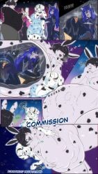 anthro big_breasts big_butt black_hair breasts butt clothing comic commission curvy_figure dalmatian eyelashes fat_rolls female female_anthro furry furry_only genitals hair huge_breasts huge_butt hyper_belly male meowtat multicolored_body nude nude_anthro obese_male overweight_anthro rabbit requesting sex sex_request solo sparkles swallowing tail tight_clothing vore vore_comic x-ray_view ych