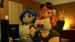 2girls 3d bedroom belly_button big_breasts blue_hair computer desk drmasondark human_meggy kabalmystic_(style) meggy_spletzer orange_hair smg4 tari_(smg4) v_sign