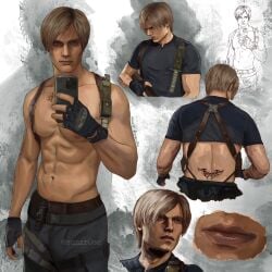 1boy abs artist_request back_tattoo blonde_hair blue_shirt capcom chest_holster clothes_lift commentary cowboy_shot english_commentary front_and_back highres holding holding_phone knife_sheath leon_s._kennedy leon_scott_kennedy male_focus multiple_views muscular muscular_male no_shirt pantylines pectorals phone realistic resident_evil resident_evil_4 sheath shirt shirt_lift short_hair taking_picture tattoo topless topless_male tramp_stamp