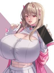 1girls absurd_res big_breasts blonde_hair chantatou-hwi chocker curvy goddess_of_victory:_nikke holding horns huge_breasts lollipop phone viper_(nikke)