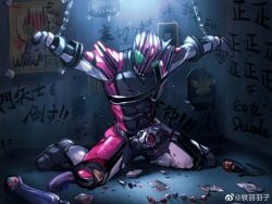 1boy 2022 anal_beads armor armored_male arms_out arms_stretched ball_gag barcode belt blood bodysuit broken_armor captured_hero card cards chain chained chained_wrists chains chamber condom cracked_armor defeated_hero dildo easter_egg_(meta) english_text exposed_skin gag green_eyes grey_floor grey_wall helmet hero_in_trouble hi_res humiliation injured japanese_text kamen_rider kamen_rider_decade kamen_rider_decade_(series) legs_apart light_particles magenta_armor male male_focus male_only mask masked masked_male on_knees rape_slave ripped_bodysuit sex_slave sex_toy shackled_wrists shackles skin_exposed solo symbol text torn_bodysuit tsukasa_kadoya unopened_condom_wrapper wanted_poster weibo_username writing writing_on_wall