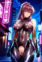 1girl ai_assisted ai_generated anime_style armor bare_shoulders black_bodysuit brown_hair city cityscape clouds cowboy_shot crotchless curvy dark_theme detailed_pussy elbow_gloves fishnets gloves hair_between_eyes hair_ornament hairclip high_contrast kagami_hirotaka koukawa_oboro long_hair looking_at_viewer neon_lights night night_sky outdoors ponytail purple_eyes shiny_skin skindentation soft_shading taimanin_asagi_zero taimanin_suit thigh_gap visible_pussy