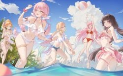 5girls aemeath_(wuthering_waves) beach big_breasts black_hair blonde blonde-haired_female blonde_female blonde_hair blue_eyes breasts breasts_out brown_eyes chisa_(wuthering_waves) denia_(wuthering_waves) exposed_breasts female female_only females kurogames large_breasts long_hair lynae_(wuthering_waves) medium_breasts multiple_females multiple_girls one_eye_closed orange_hair pink_hair pink_swimsuit purple_eyes red_eyes red_swimsuit sigrika_(wuthering_waves) small_breasts swimsuit water white_hair white_swimsuit wuthering_waves