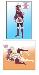 2_panel_comic apron blush breast_grab breasts cleavage_cutout detached_cuffs detached_sleeves dlobo777 empty_eyes femsub fides_brunel gloves green_eyes hypnosis knee_boots large_breasts long_hair lying_on_side mahou_shoujo_madoka_magica maid maid_headdress maledom mind_control original ponytail red_eyes red_hair ribbon sakura_kyouko silver_hair simple_background skirt text thighhighs thighs